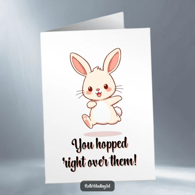 Funny Free Printable Congratulations Card: A playful bunny with legs pumping bounces along, celebrating a fantastic achievement with energy.