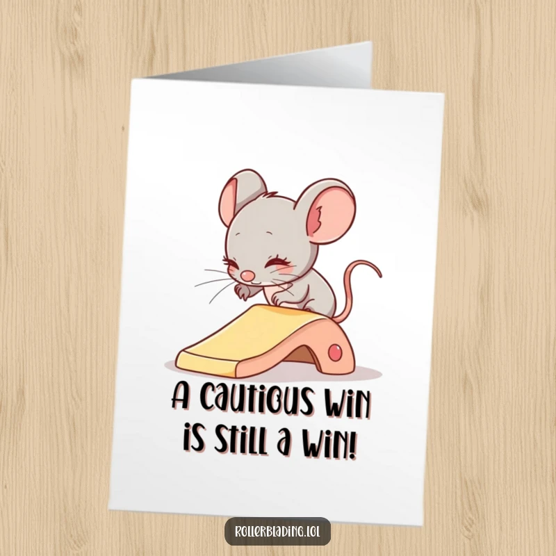 Funny Free Printable Congratulations Card: A shy mouse looks cautious as it attempts a gentle slide, perfect for a timid celebration.