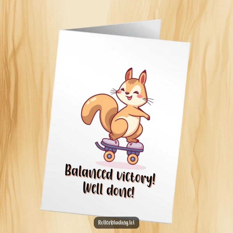Free Printable Congratulations Card: Cheerful squirrel perfectly balanced on one roller skate, representing achievement.