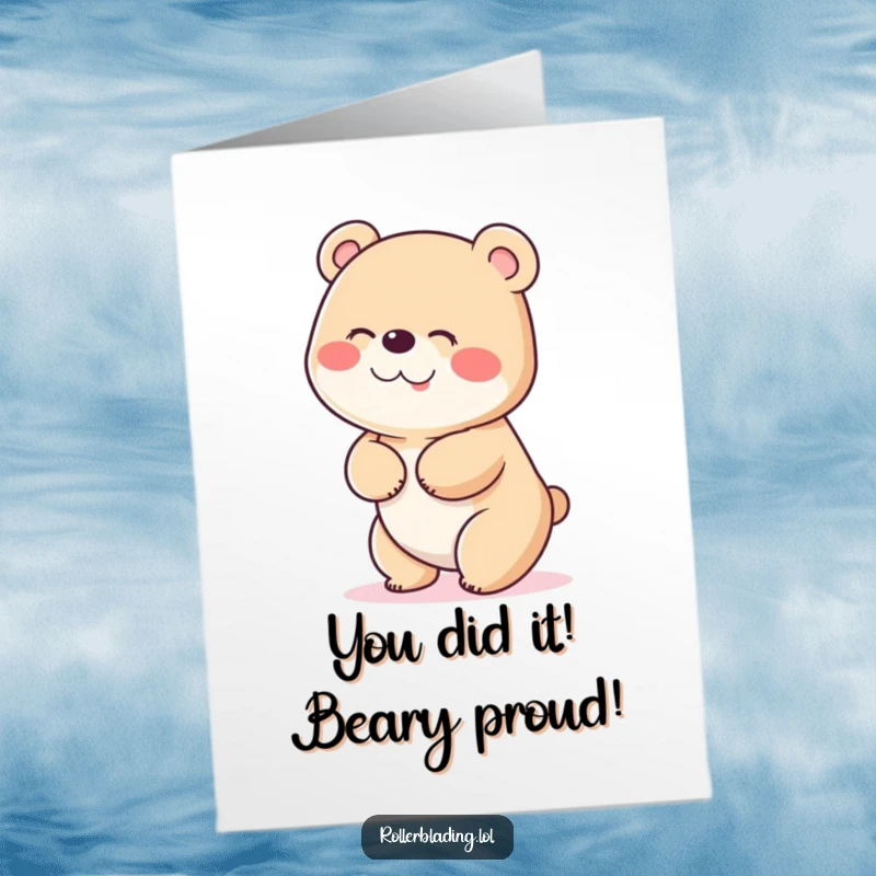 Funny Free Printable Congratulations Card: A bear giggling while wobbling, having just achieved something great, print at home.