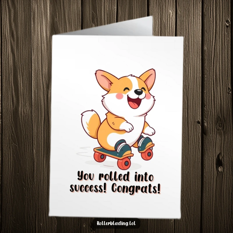 Funny Free Printable Congrats Card: A joyful corgi on roller skates, celebrating success with speed!