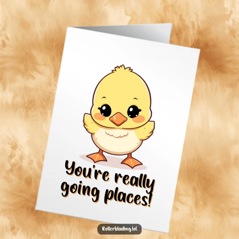 Funny Free Printable Congratulations Card: A cute duckling wobbling unsteadily, symbolizing new beginnings and achievements.