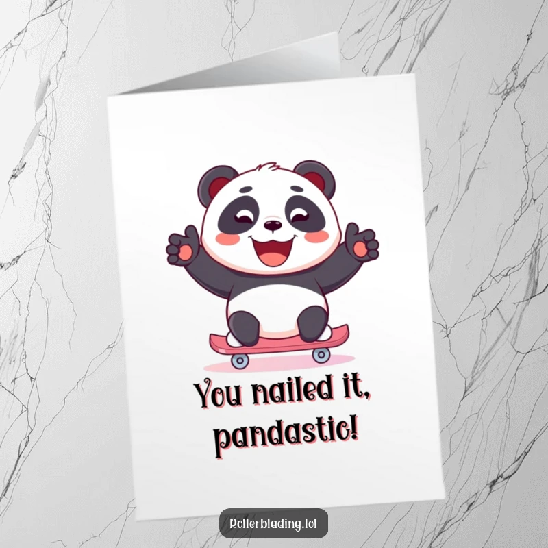 Funny free printable congratulations card: Joyful panda skates with a wide beaming smile, celebrating your fantastic success.
