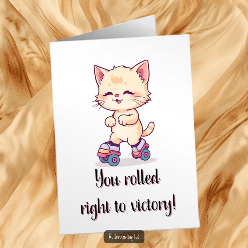 Funny Free Printable Congrats Card: A kitten joyfully wobbling on roller skates, celebrating a win.