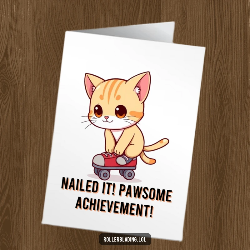 Funny Free Printable Congrats Card: A curious cat expertly balances on roller skates, leaning forward with focused determination on its face.