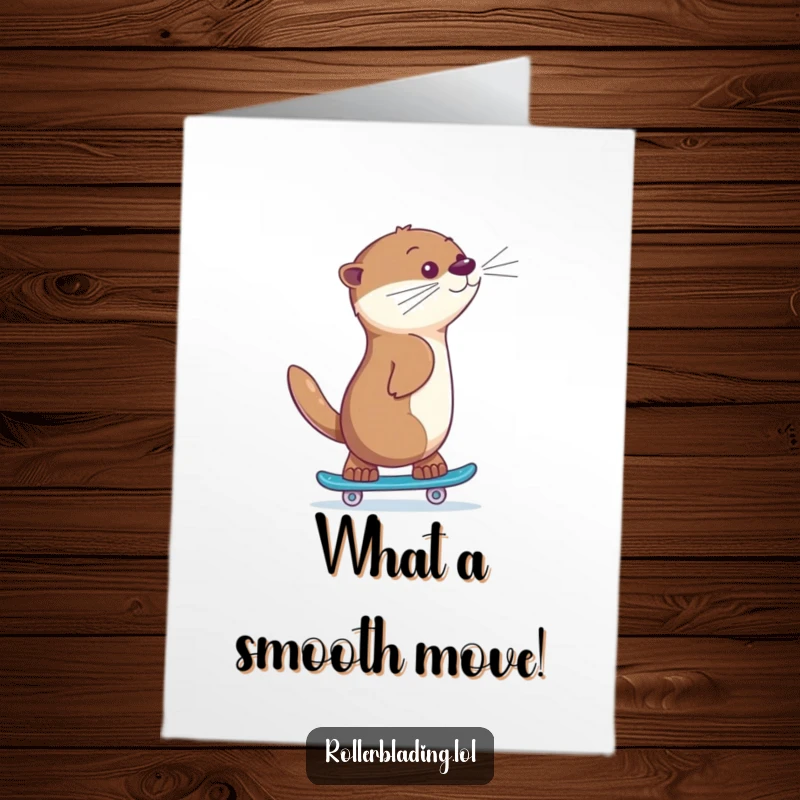 Funny Free Printable Congratulations Card: A giggling otter skates backwards with a proud look, celebrating an achievement.