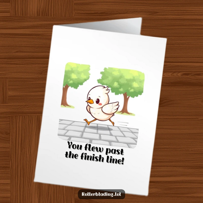 Funny Free Printable Congratulations Card: A determined bird racing across a finish line on a paved path.