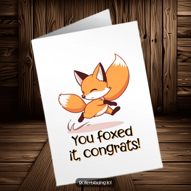 Funny Free Printable Congratulations Card: Playful fox in a speedy crossover turn on roller skates, congratulating quick success.