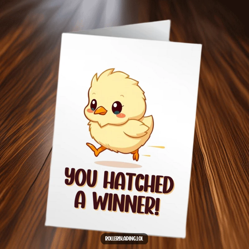 Funny Free Printable Congratulations Card showing a fluffy chick as a streak of motion, celebrating a swift victory.
