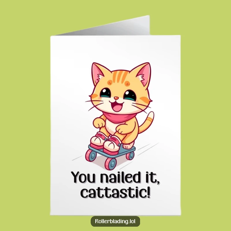 Free Printable Congrats Card: Hilarious Roller Skating Cat, Fun Downloadable Greeting for Any Achievement