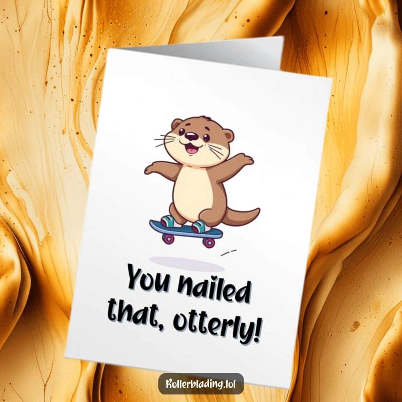 Free Printable Congratulations Card: Energetic otter jumping with joy while rollerblading, celebrating a win.