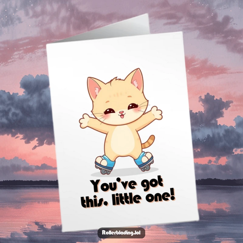 Funny Free Printable Congratulations Card: Happy kitten wobbling slightly on roller skates, arms outstretched for balance, celebrating success with cute determination.