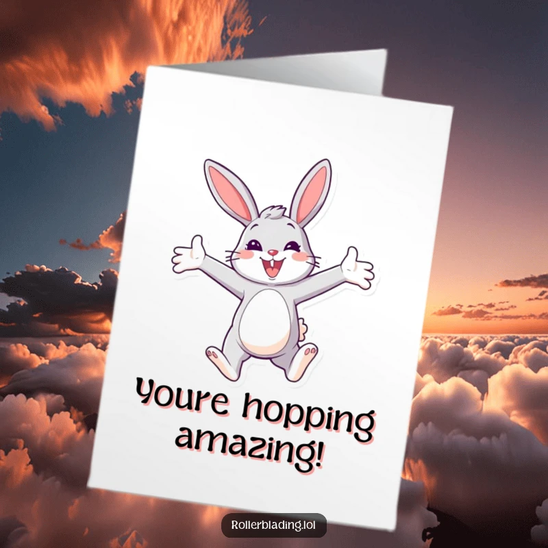 Funny Free Printable Congrats Card: A smiling bunny gliding joyfully with arms outstretched, celebrating big wins.