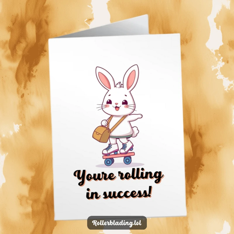 Funny Free Printable Congratulations Card: A smiling bunny demonstrates impressive balance on roller skates, bag in tow, celebrating a win.