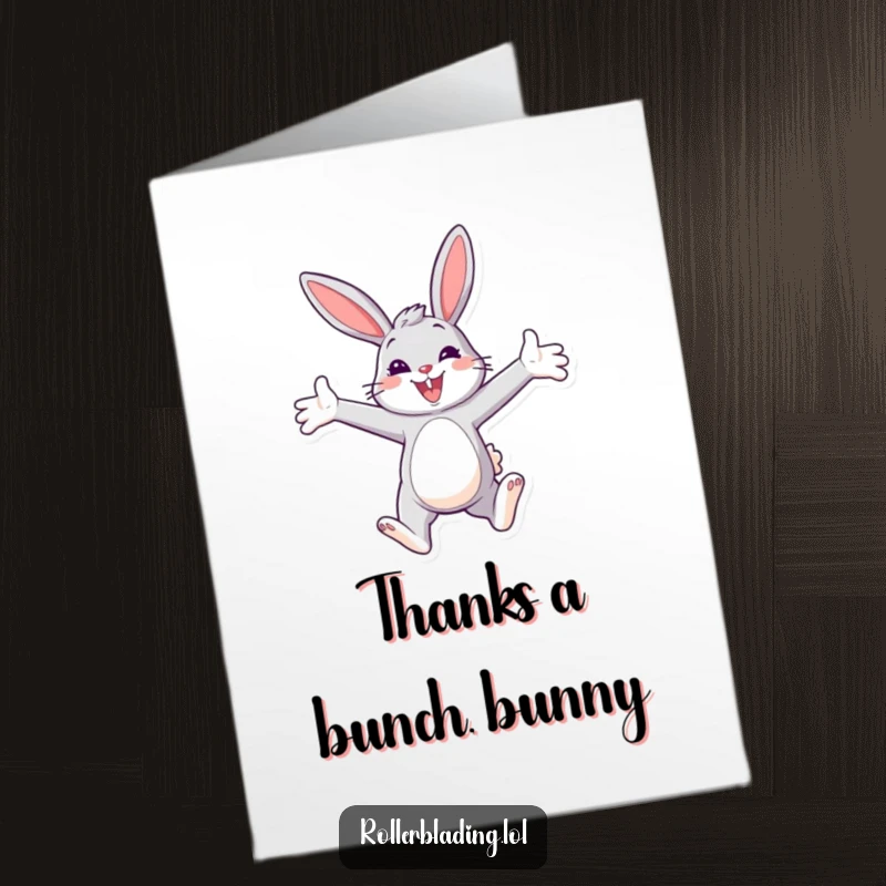 Funny Free Printable Thank You Card: A smiling bunny gliding with open arms, sending warm thank you wishes.