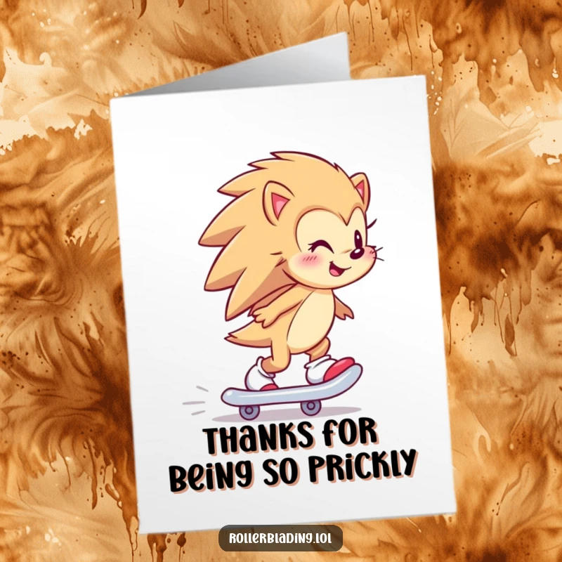 Funny Free Printable Thank You Card: A happy hedgehog smiling while skating backward, a fun way to say thanks.