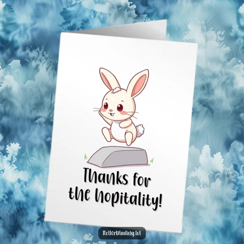 Funny free printable thank you card with a curious bunny attempting a brave jump off a curb, showing appreciation.