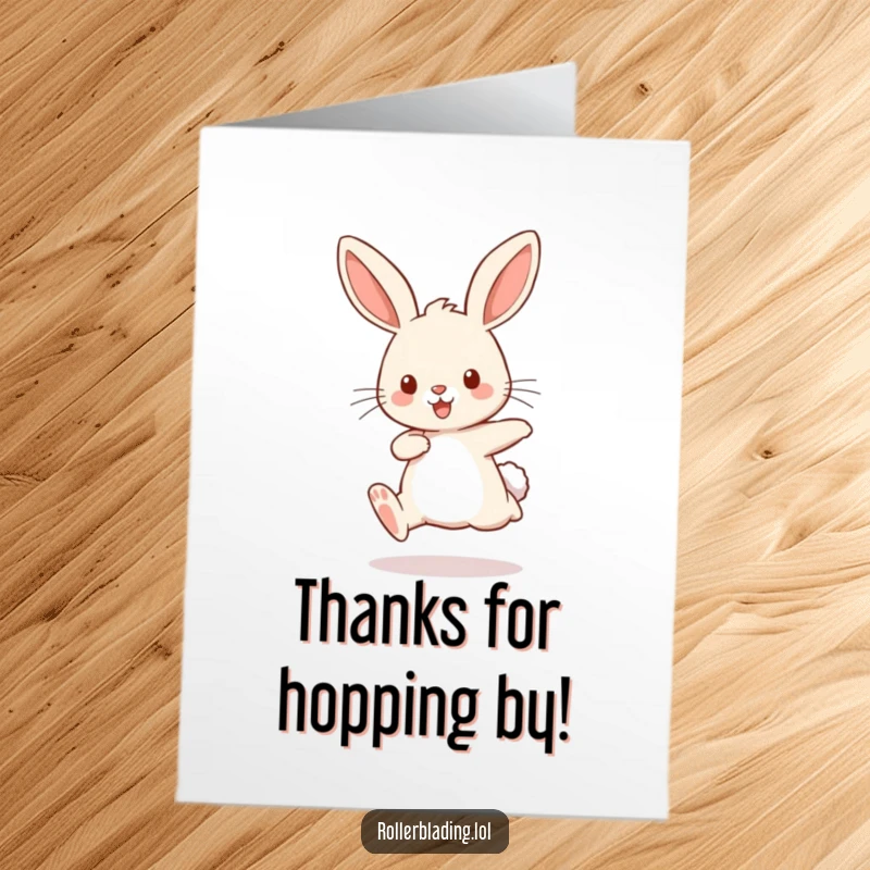 Funny Free Printable Thank You Card: A playful rabbit bounces energetically, legs pumping, offering a funny and delightful way to say thanks.