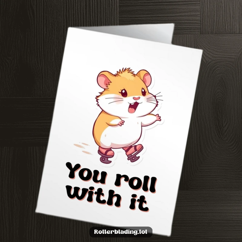 Funny Free Printable Thank You Card of a hamster wearing tiny skates, zooming forward with delight, a charming downloadable gift.