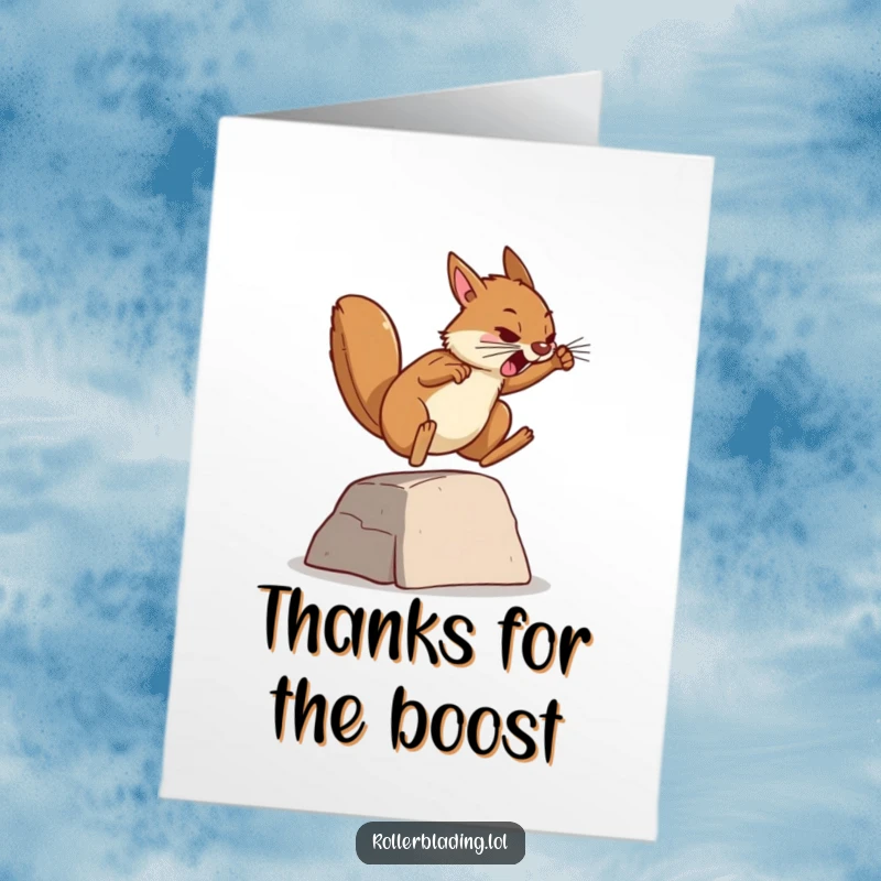 Funny Free Printable Thank You Card: A determined squirrel leaps over a ramp, symbolizing a big thank you.