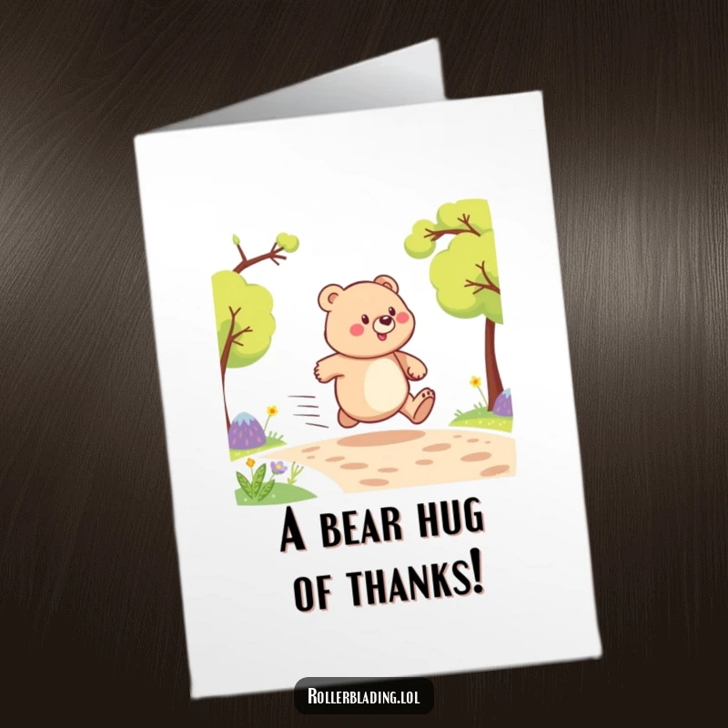 Funny Free Printable Thank You Card with a proud bear zooming along, expressing gratitude with energetic speed.