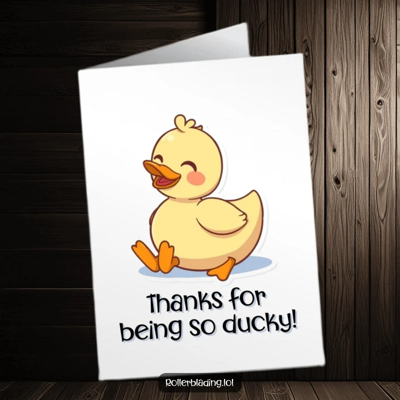 Funny free printable thank you card of a delighted duck rolling happily on roller skates, expressing gratitude.