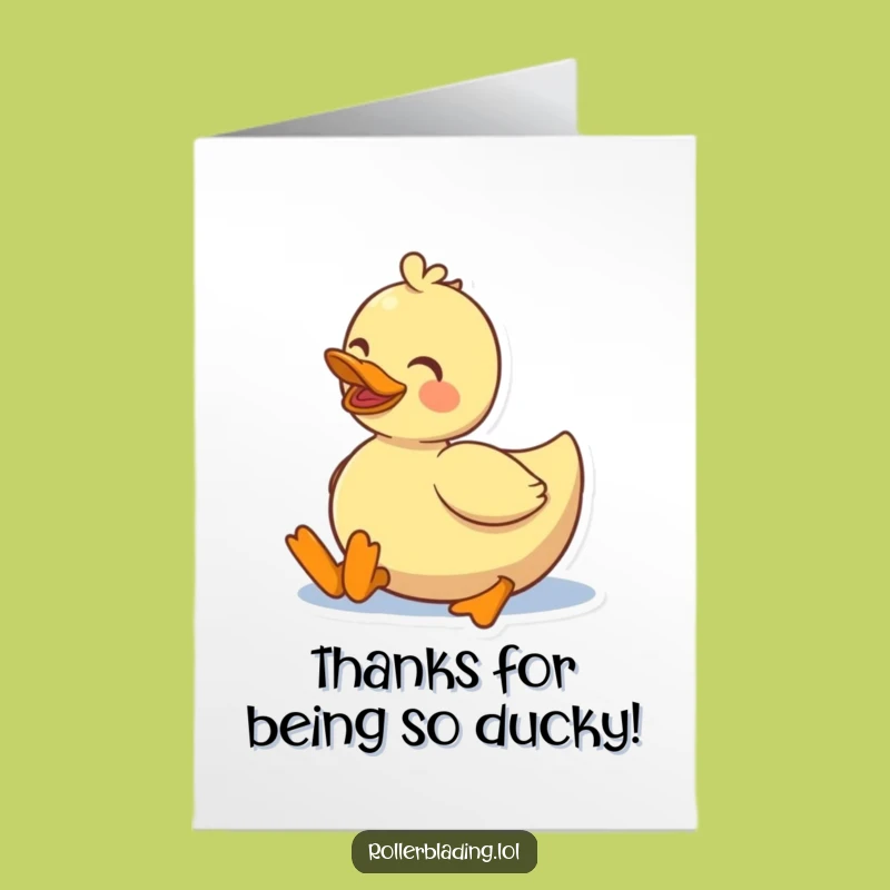Free Printable Thank You Card. Funny Duck Roller Skating Glide. Grateful Downloadable Greeting.