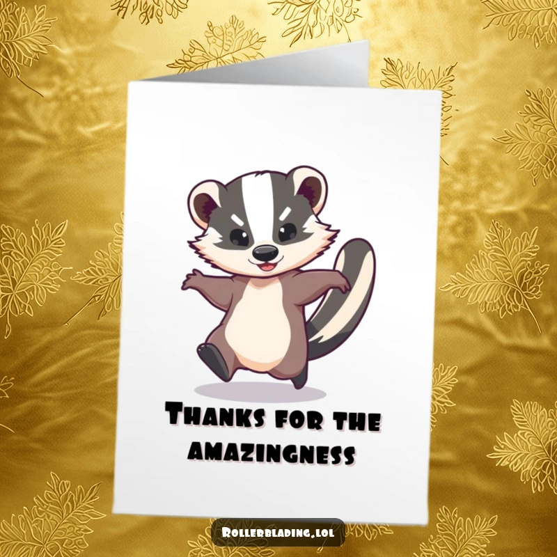 Funny Free Printable Thank You Card: A graceful badger spins quickly, conveying heartfelt thanks with style.