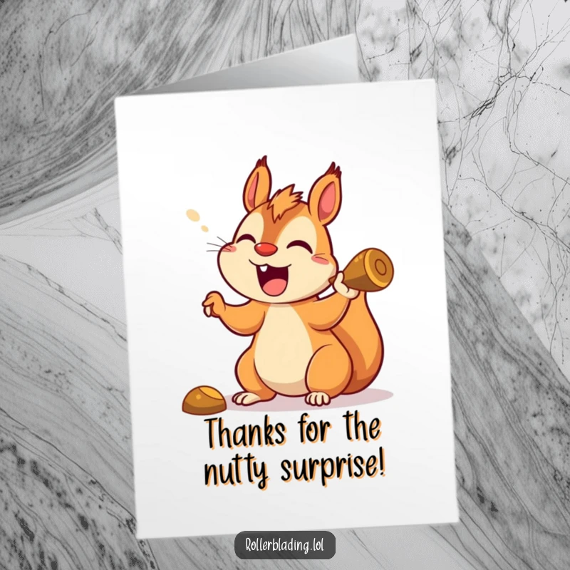 Funny Free Printable Thank You Card with a smiling squirrel executing a daring turn with a loud, happy yell.