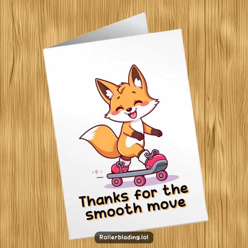Funny Free Printable Thank You Card: Smiling fox doing a dramatic slide on roller skates, one leg extended, conveying thanks with cool, stylish flair.