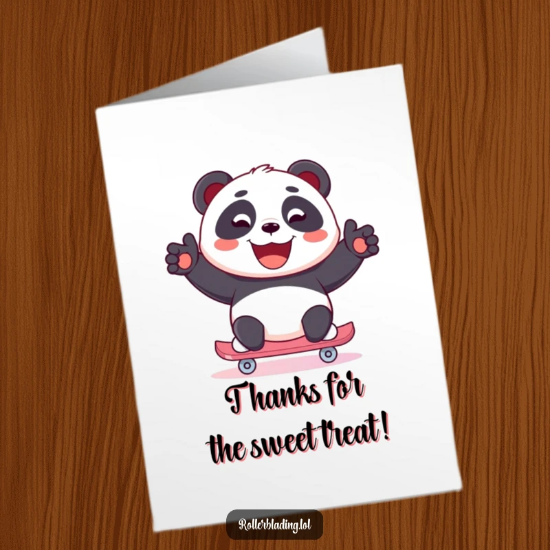 Funny free printable thank you card: A joyful panda skates with a beaming smile, offering thanks.