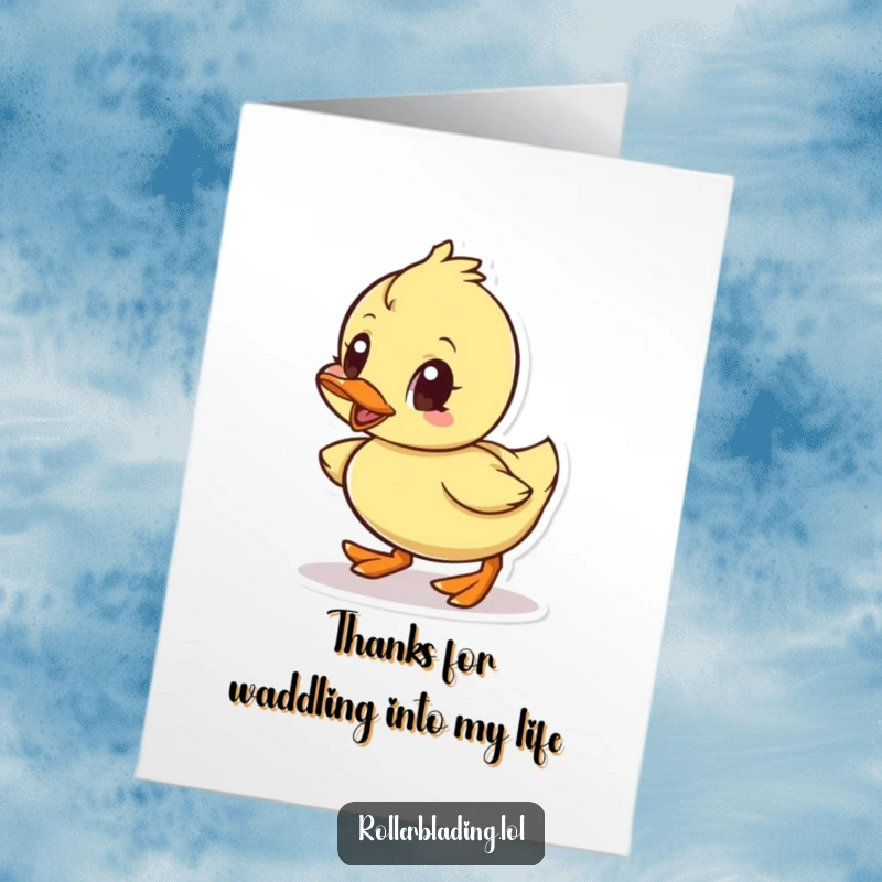 Funny Free Printable Thank You Card: Little duck rolling forward with focus, conveying thanks with humor.