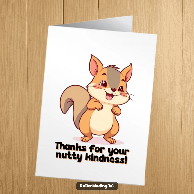Funny free printable thank you card of a mischievous squirrel pushing off hard with both feet on roller skates, expressing thanks.