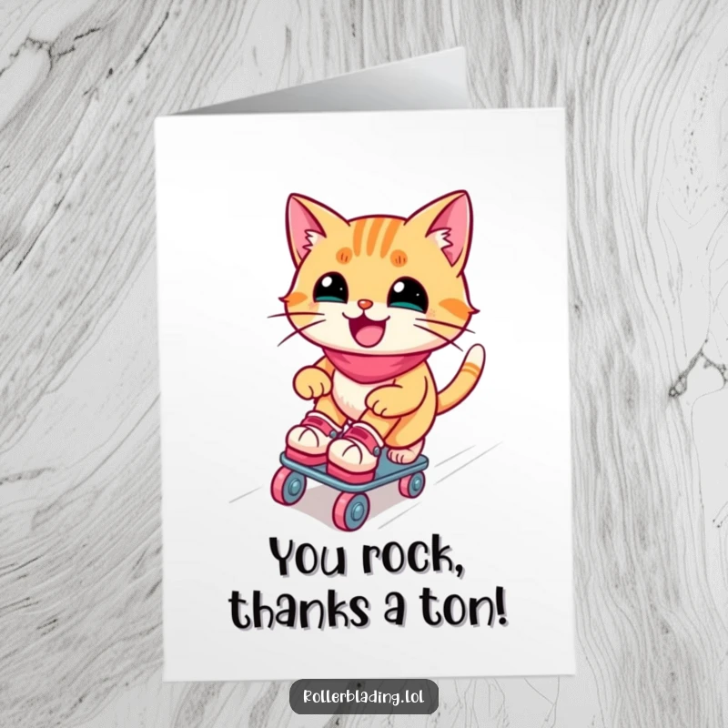 Funny free printable thank you card with a cat comically gliding on roller skates down a ramp, expressing thanks.