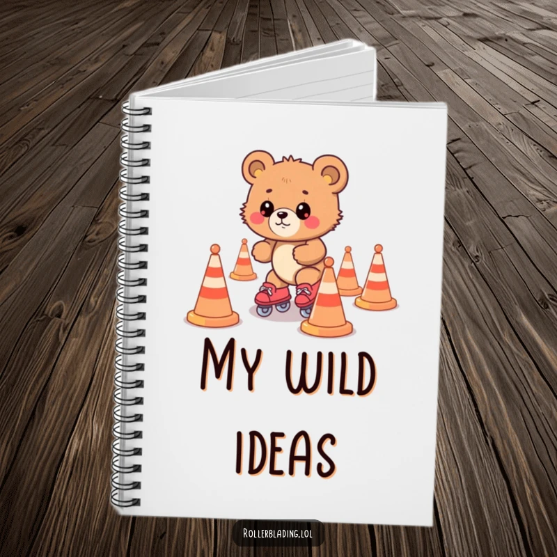 Funny bear cub roller skating mishap with cones, a humorous notebook cover for capturing creative thoughts.