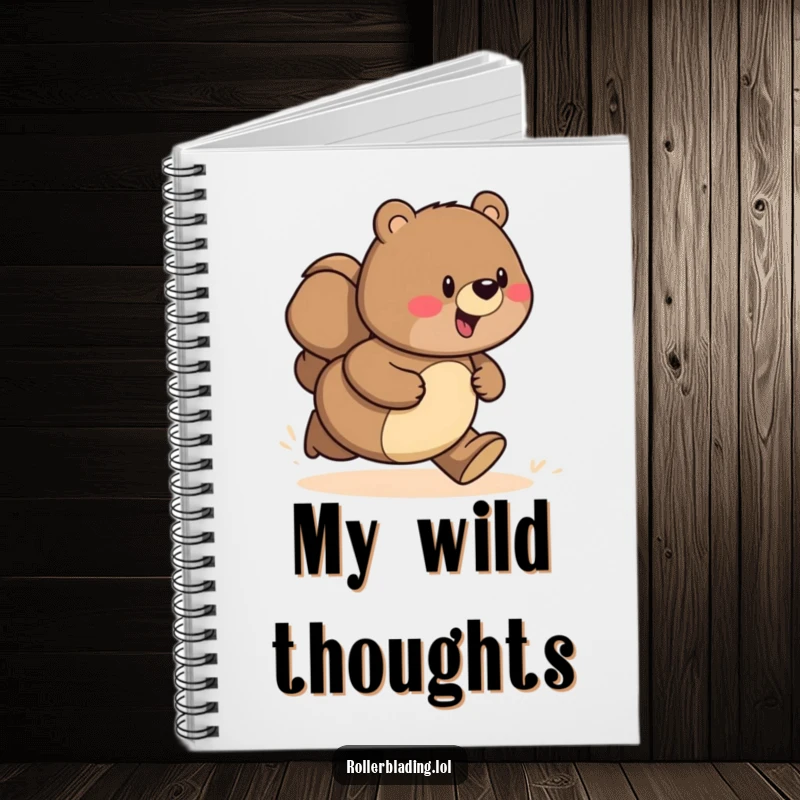 Funny notebook cover art showing a proud bear speeding along a path, inspiring fast thinking and creativity.