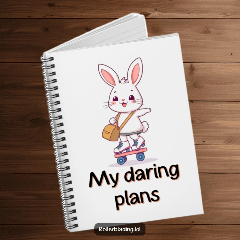 Funny notebook with a determined, smiling bunny balancing on roller skates while holding a bag, for notes.