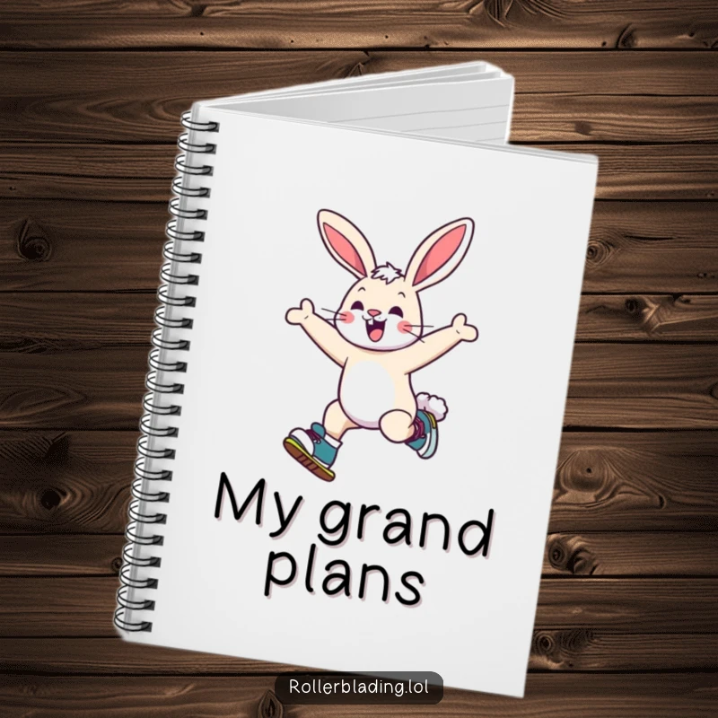 Funny bunny notebook showing a cheerful bunny on roller skates, ready to jot down exciting plans.