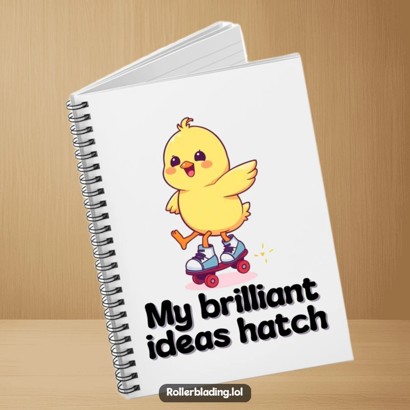 Funny chick on roller skates, mid-jump, notebook cover for writing and drawing, inspiring creativity.
