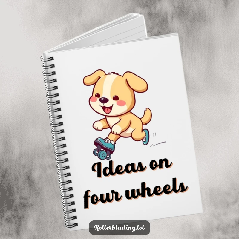 Funny dog notebook showing a dog on roller skates, ready to roll through ideas with enthusiasm and a smile.