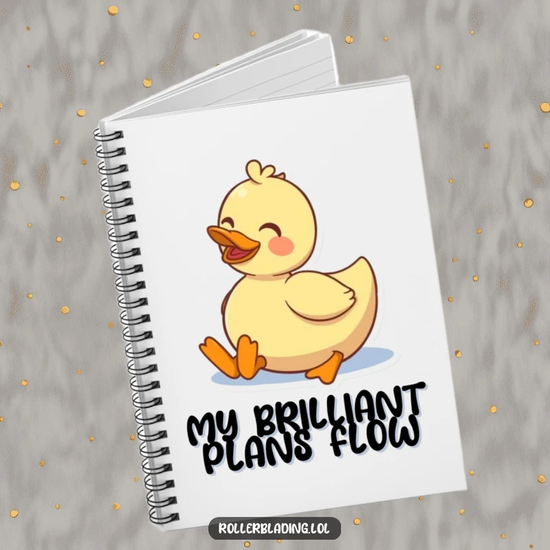 Funny smiling duck rolling on roller skates, notebook cover for writing, planning, and doodling.