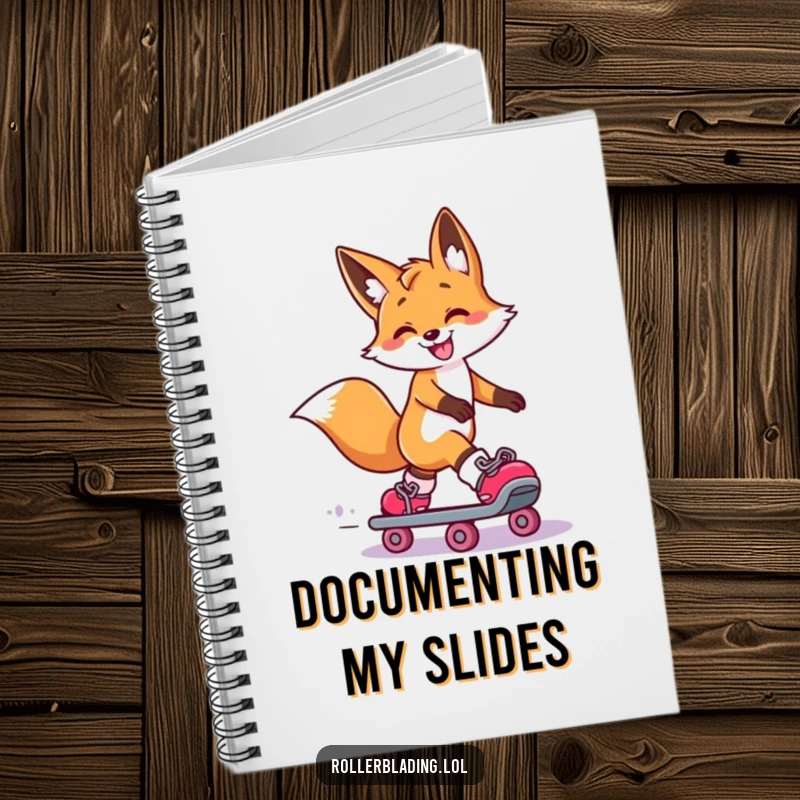 Funny Fox Notebook: A smiling fox performs a dramatic roller skate slide, one leg extended, making note-taking a smooth and humorous experience.