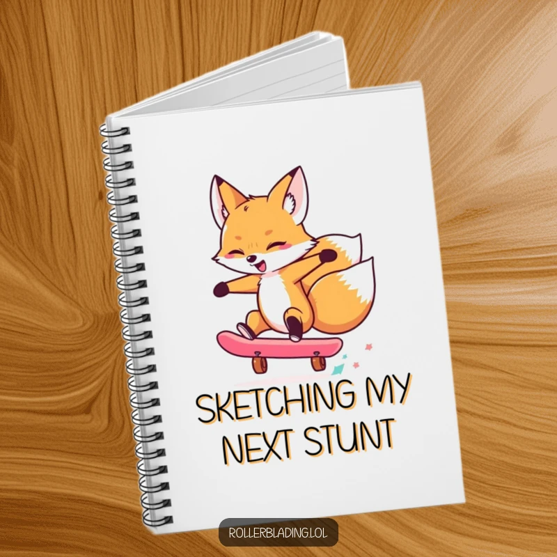 Funny notebook with a skilled fox doing a cool skateboard trick, ideal for capturing notes and ideas with a humorous touch.