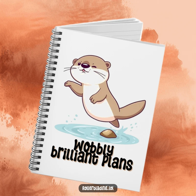 Funny notebook with a giggling otter comically attempting a daring jump and landing with a wobble, perfect for creative notes.