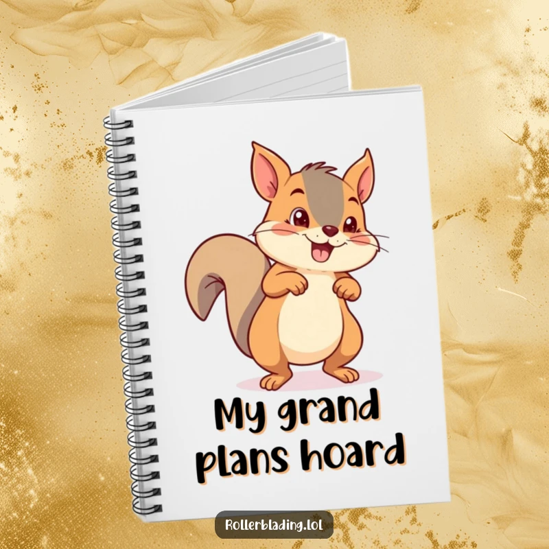 Funny mischievous squirrel pushing off with both feet on roller skates, notebook cover for writing.