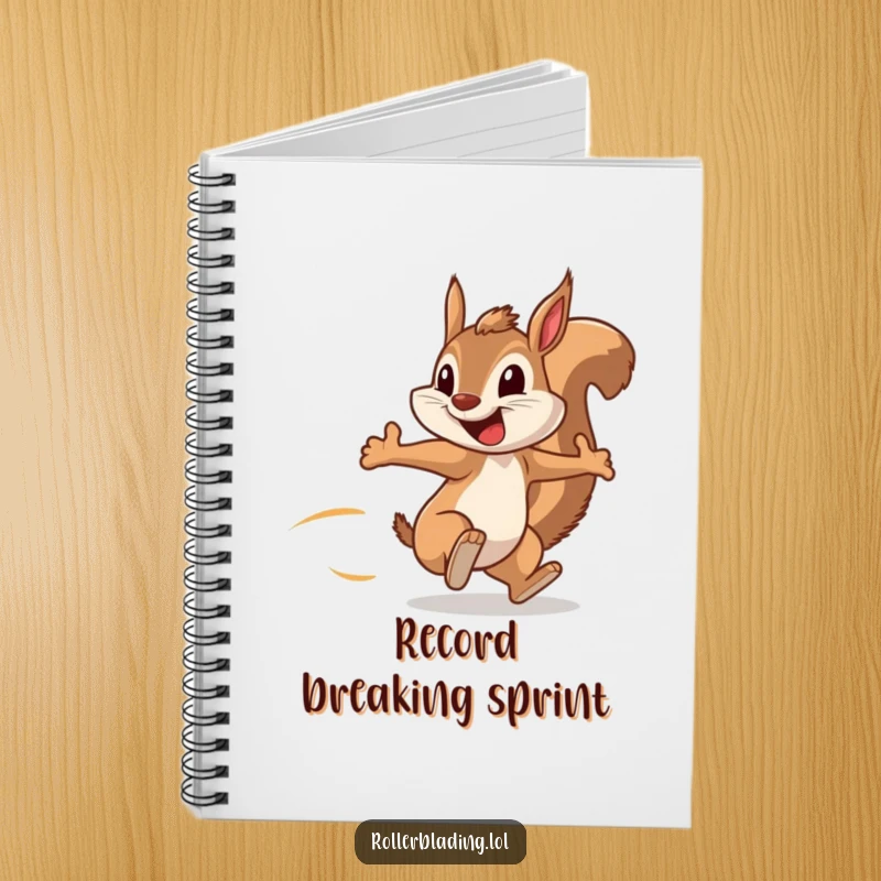 Funny notebook with a squirrel speeding along, arms pumping, and a big grin, designed for jotting down fast ideas.