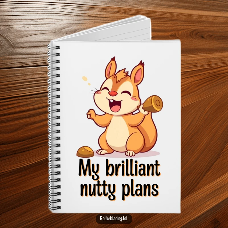 Funny squirrel notebook with a happy, yelling squirrel making a sharp turn, perfect for note-taking fun.