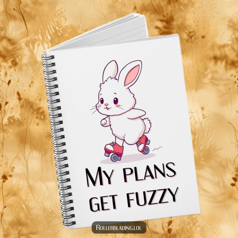 Funny fluffy bunny attempting a wobbly turn on roller skates, notebook cover for writing and drawing.
