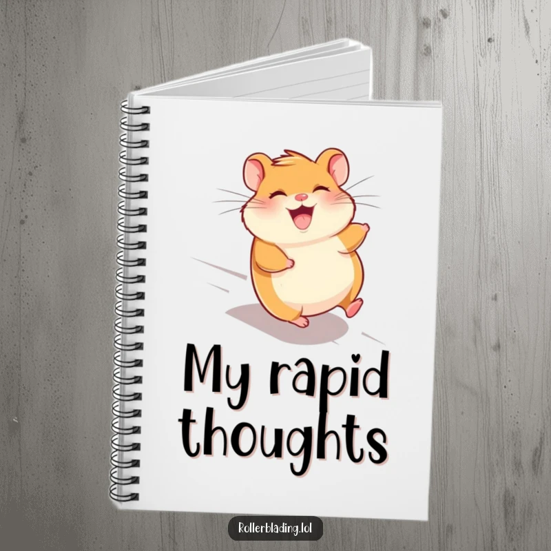 Funny giggling hamster notebook, featuring a hamster speeding downhill with wind in its fur, perfect for fun note-taking.