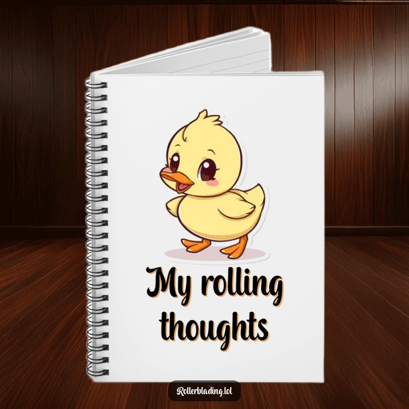 Funny notebook cover design of a small duck rolling with powerful determination and focused, energetic eyes.